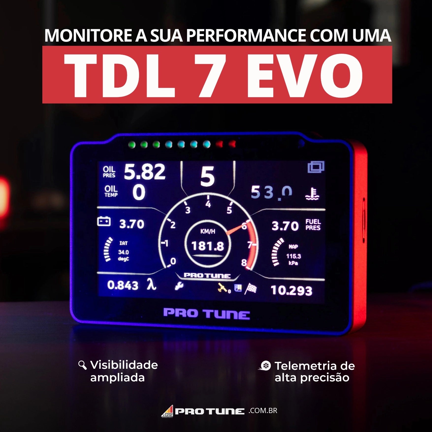 TDL 7 EVO — vista lateral do dash logger Pro Tune com carcaça em alumínio anodizado e conector Tyco de 26 vias