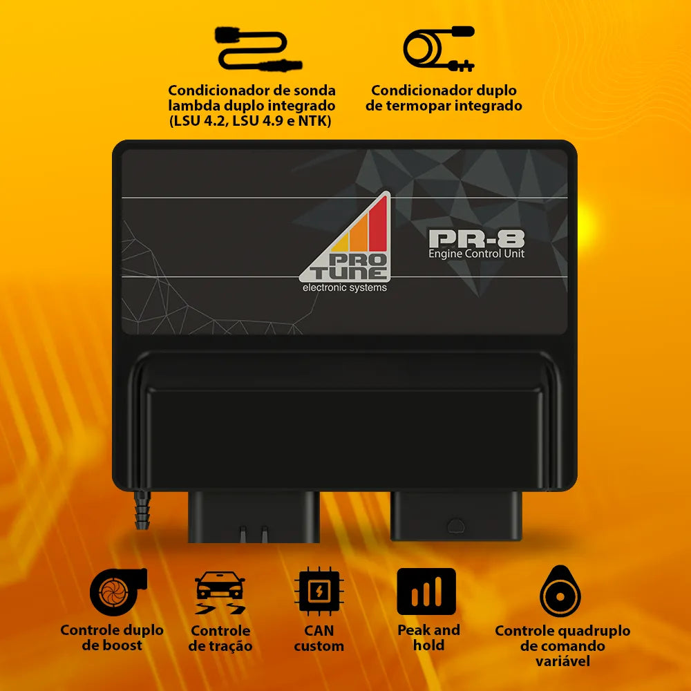 ECU PR-8 — duplo conector Molex 48 vias + AMP Seal 23 vias para projetos extremos